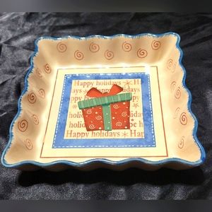 Happy Holidays Christmas Baking Dish~Presents~Swirls~Decorative~Tray